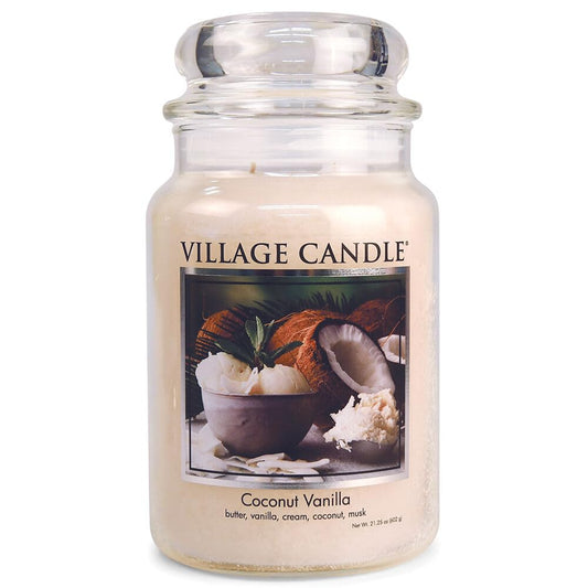 Village Candle Coconut Vanilla Large Glass Apothecary Jar Scented Candle, 21.25 oz, White