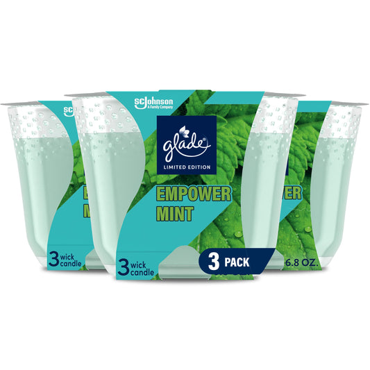 Glade Candle Empower Mint Fragrance Candle Infused with Essential Oils, Air Freshener Candle, 3-Wick Candle, 6.8 Oz, 3 Count